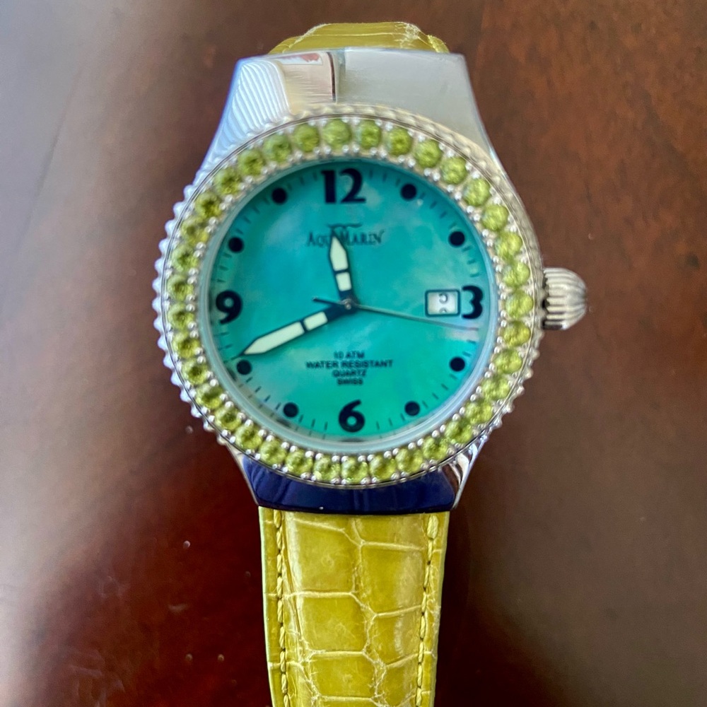 AquaMarin SL 5014 10ATM WristWatch-Green Peridot-Mother Pearl-Leather Strap-Swis